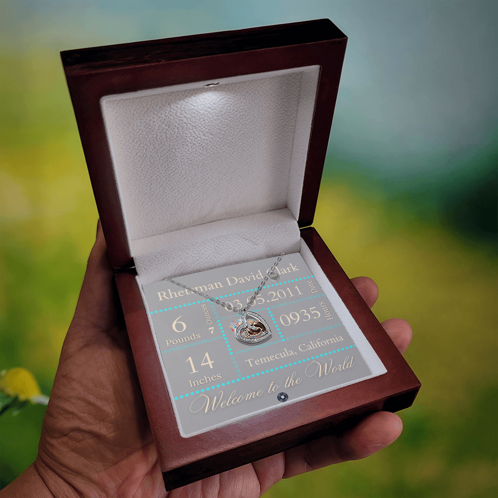 Baby Feet & Heart Announcement Necklace: Turquoise