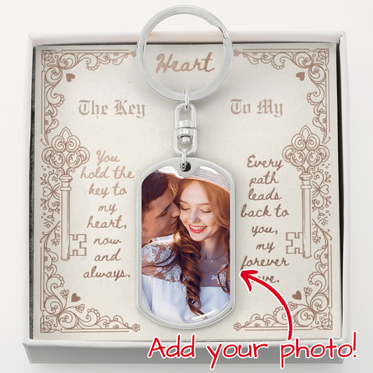 Custom Photo Upload Dog Tag Keychain: Key To My Heart