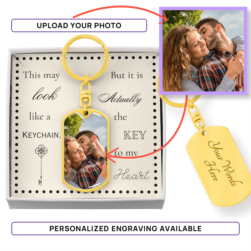Custom Photo Upload Dog Tag Keychain: Boho Love
