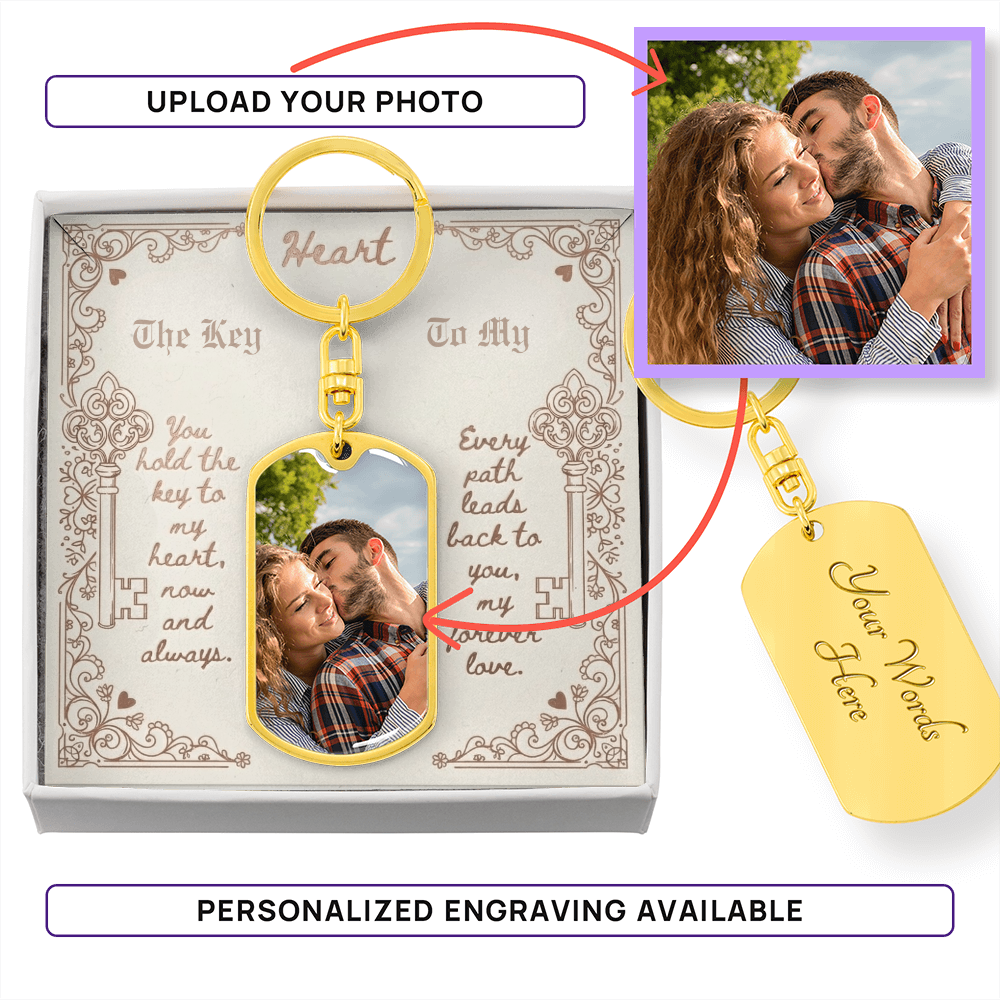 Custom Photo Upload Dog Tag Keychain: Key To My Heart