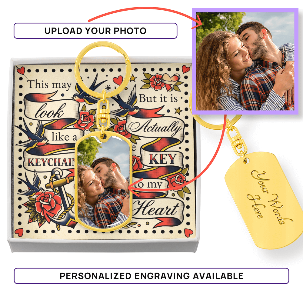 Custom Photo Upload Dog Tag Keychain: Vintage Love