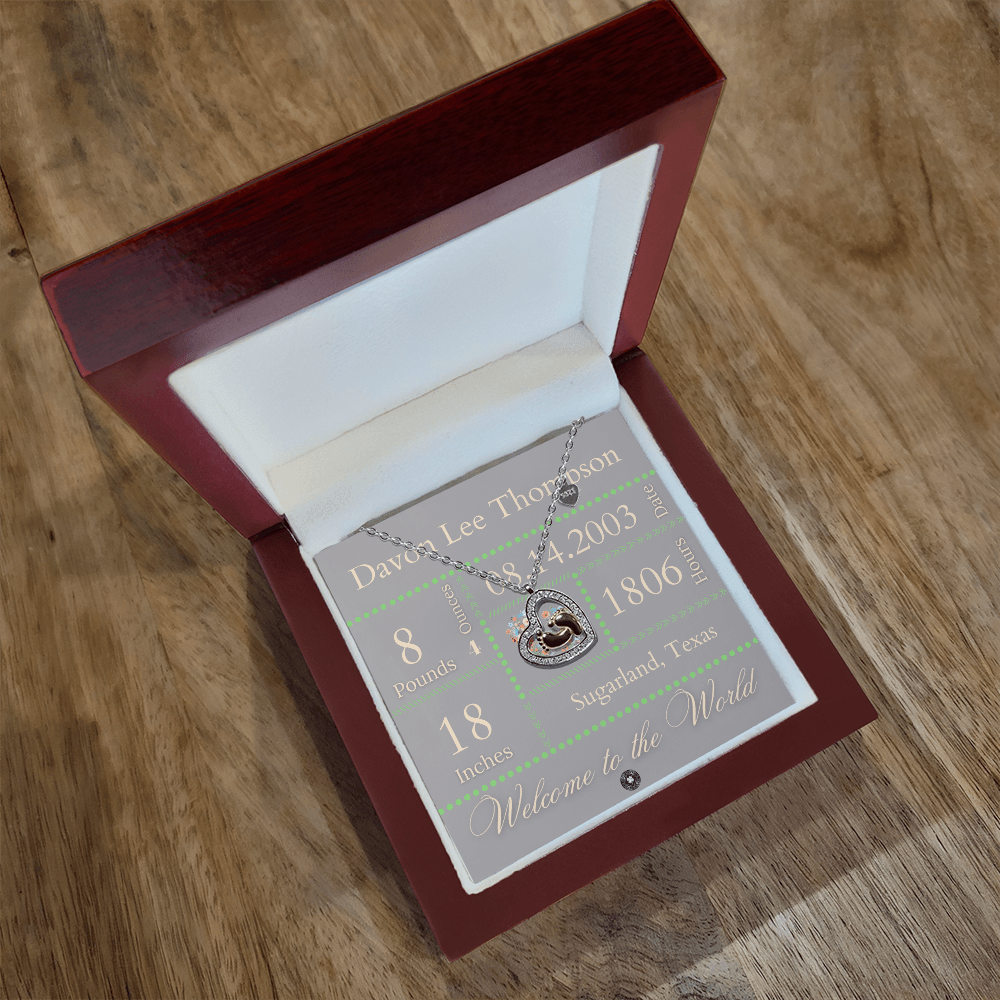 Baby Feet & Heart Announcement Necklace: Green Jewelry Mahogany Style Luxury Box with LED The Silver Clover & Co.