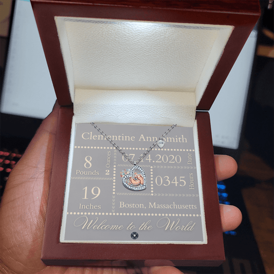 Baby Feet & Heart Announcement Necklace: Ivory Jewelry Mahogany Style Luxury Box with LED The Silver Clover & Co.