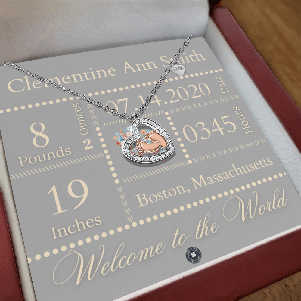 Baby Feet & Heart Announcement Necklace: Ivory Jewelry Mahogany Style Luxury Box with LED The Silver Clover & Co.