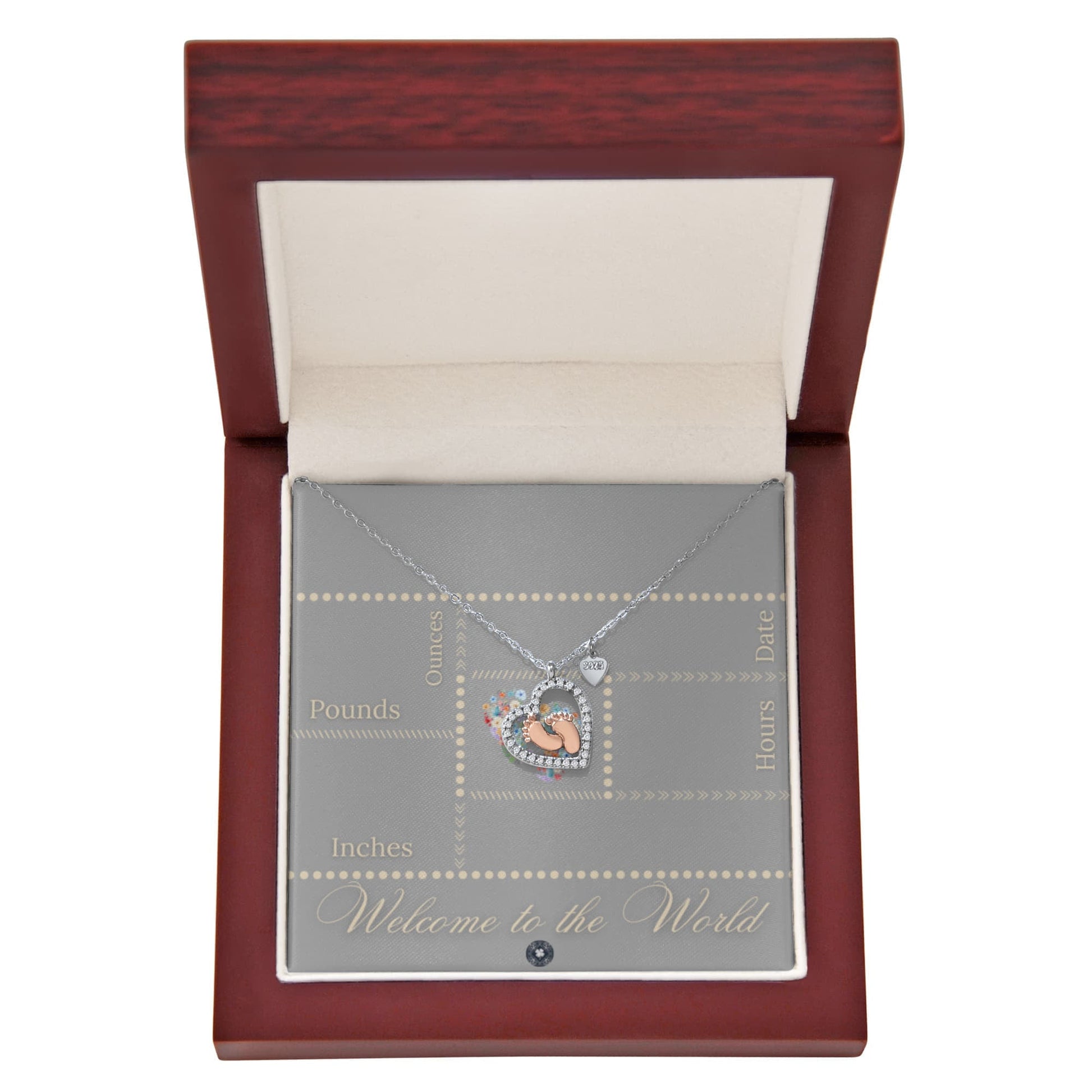Baby Feet & Heart Announcement Necklace: Ivory Jewelry Mahogany Style Luxury Box with LED The Silver Clover & Co.