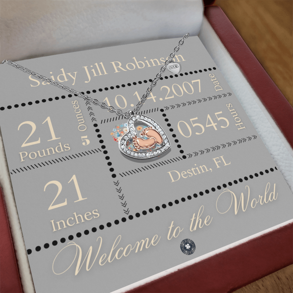 Baby Feet & Heart Announcement Necklace: Onyx Jewelry Mahogany Style Luxury Box with LED The Silver Clover & Co.