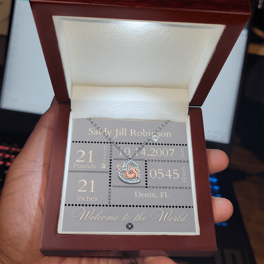 Baby Feet & Heart Announcement Necklace: Onyx Jewelry Mahogany Style Luxury Box with LED The Silver Clover & Co.