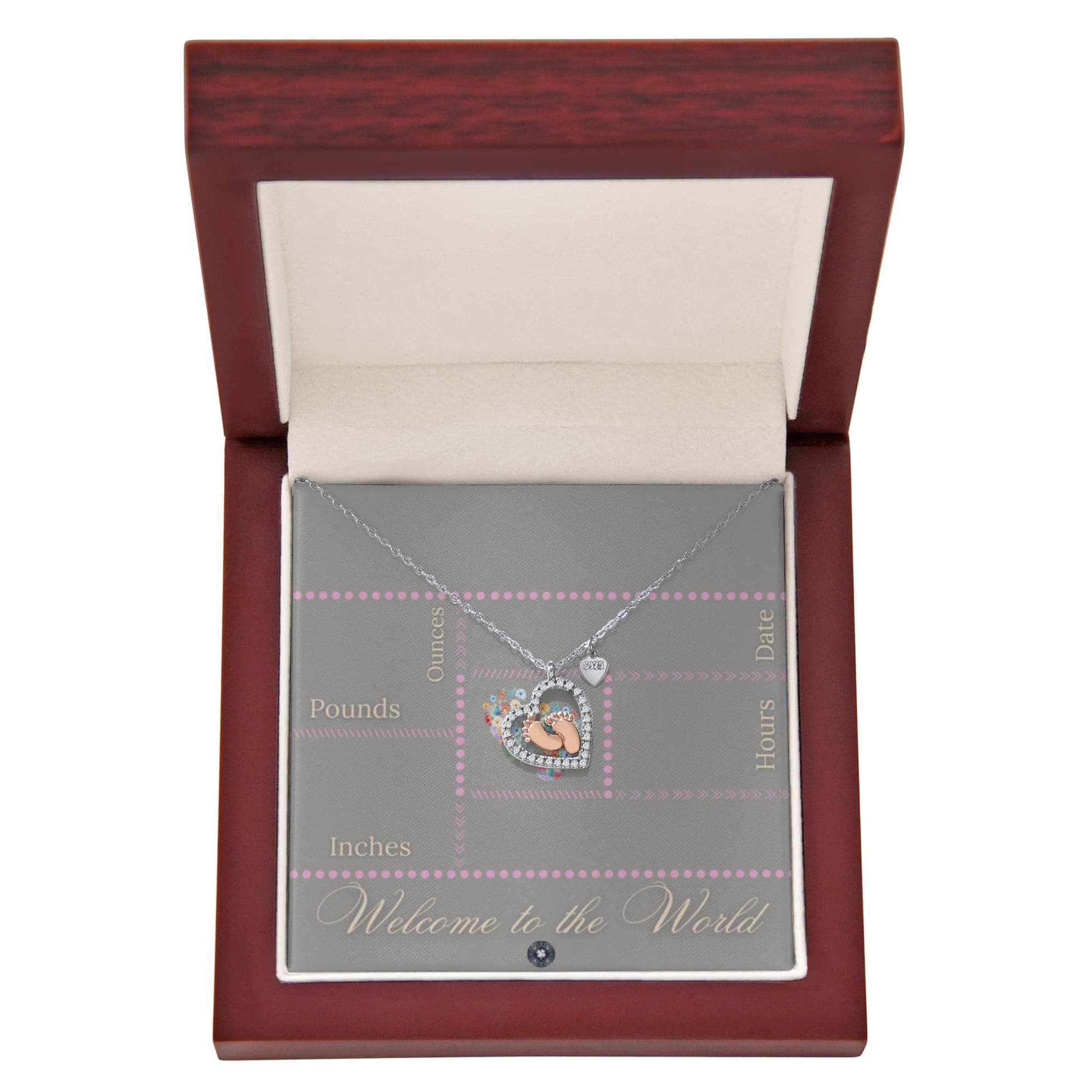Baby Feet & Heart Announcement Necklace: Pink Jewelry Mahogany Style Luxury Box with LED The Silver Clover & Co.