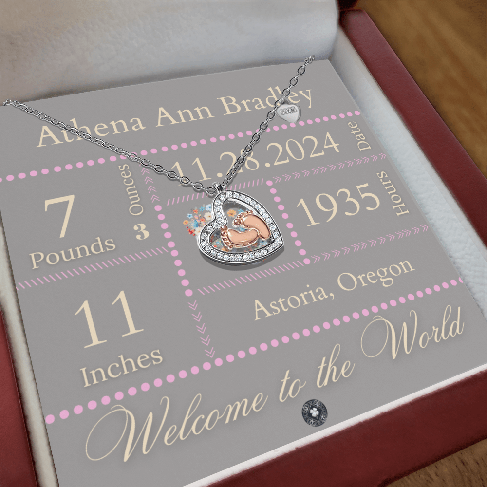 Baby Feet & Heart Announcement Necklace: Pink Jewelry Mahogany Style Luxury Box with LED The Silver Clover & Co.