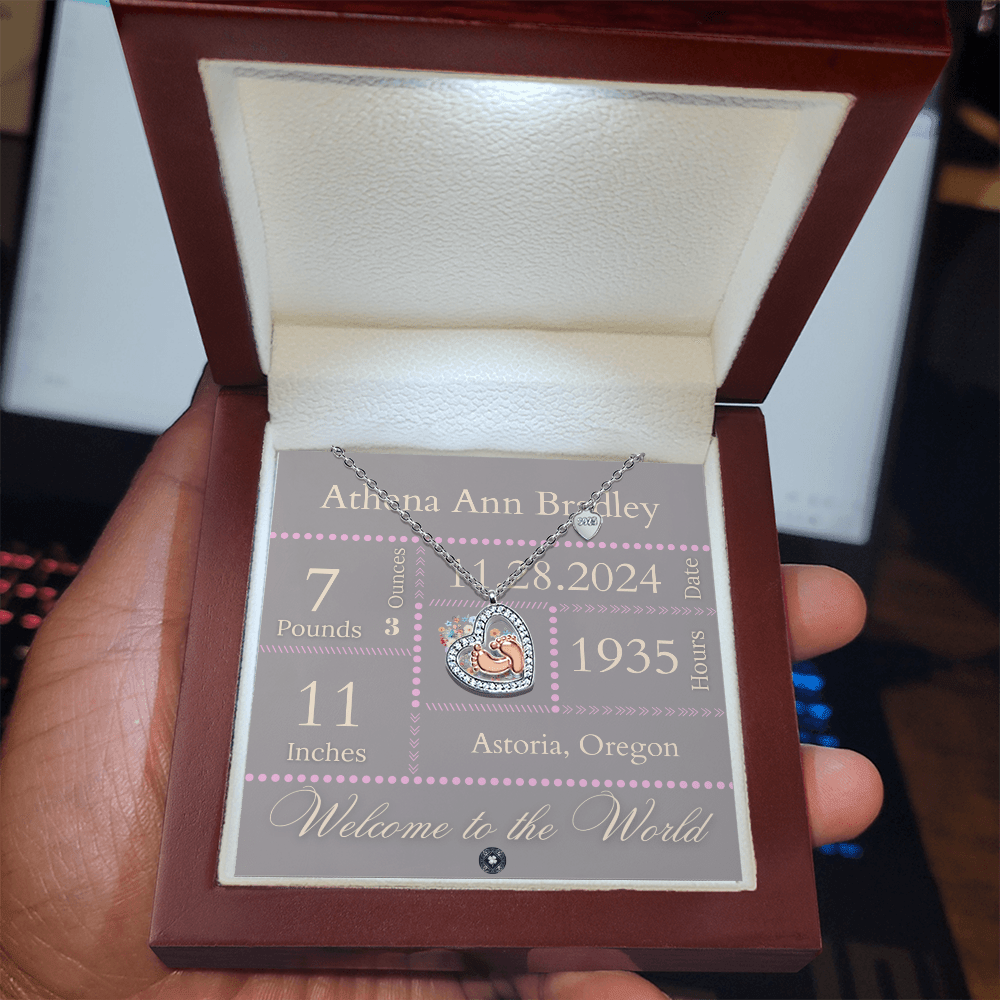 Baby Feet & Heart Announcement Necklace: Pink Jewelry Mahogany Style Luxury Box with LED The Silver Clover & Co.