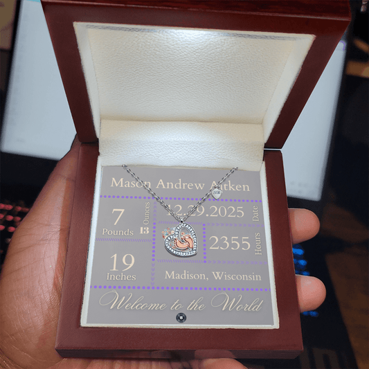 Baby Feet & Heart Announcement Necklace: Purple Jewelry Mahogany Style Luxury Box with LED The Silver Clover & Co.