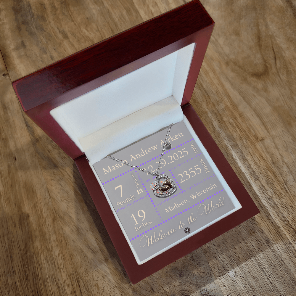 Baby Feet & Heart Announcement Necklace: Purple Jewelry Mahogany Style Luxury Box with LED The Silver Clover & Co.