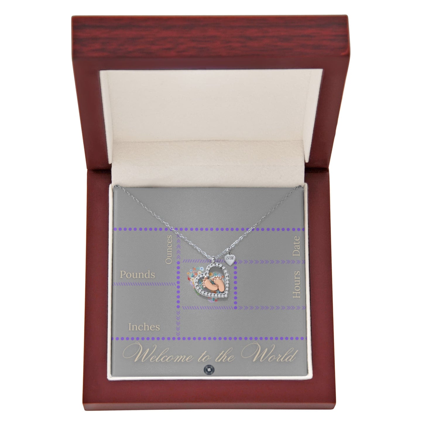 Baby Feet & Heart Announcement Necklace: Purple Jewelry Mahogany Style Luxury Box with LED The Silver Clover & Co.