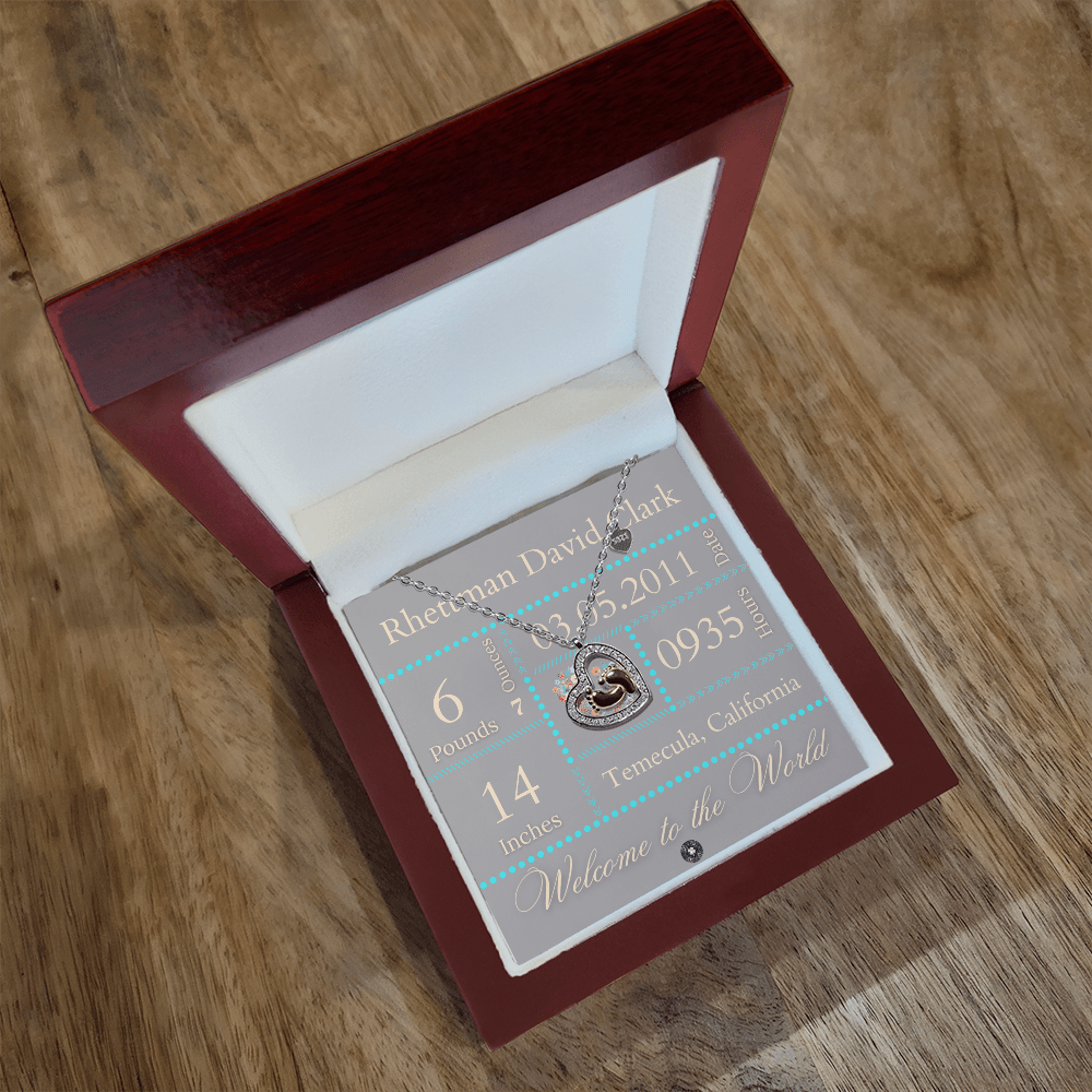 Baby Feet & Heart Announcement Necklace: Turquoise Jewelry Mahogany Style Luxury Box with LED The Silver Clover & Co.