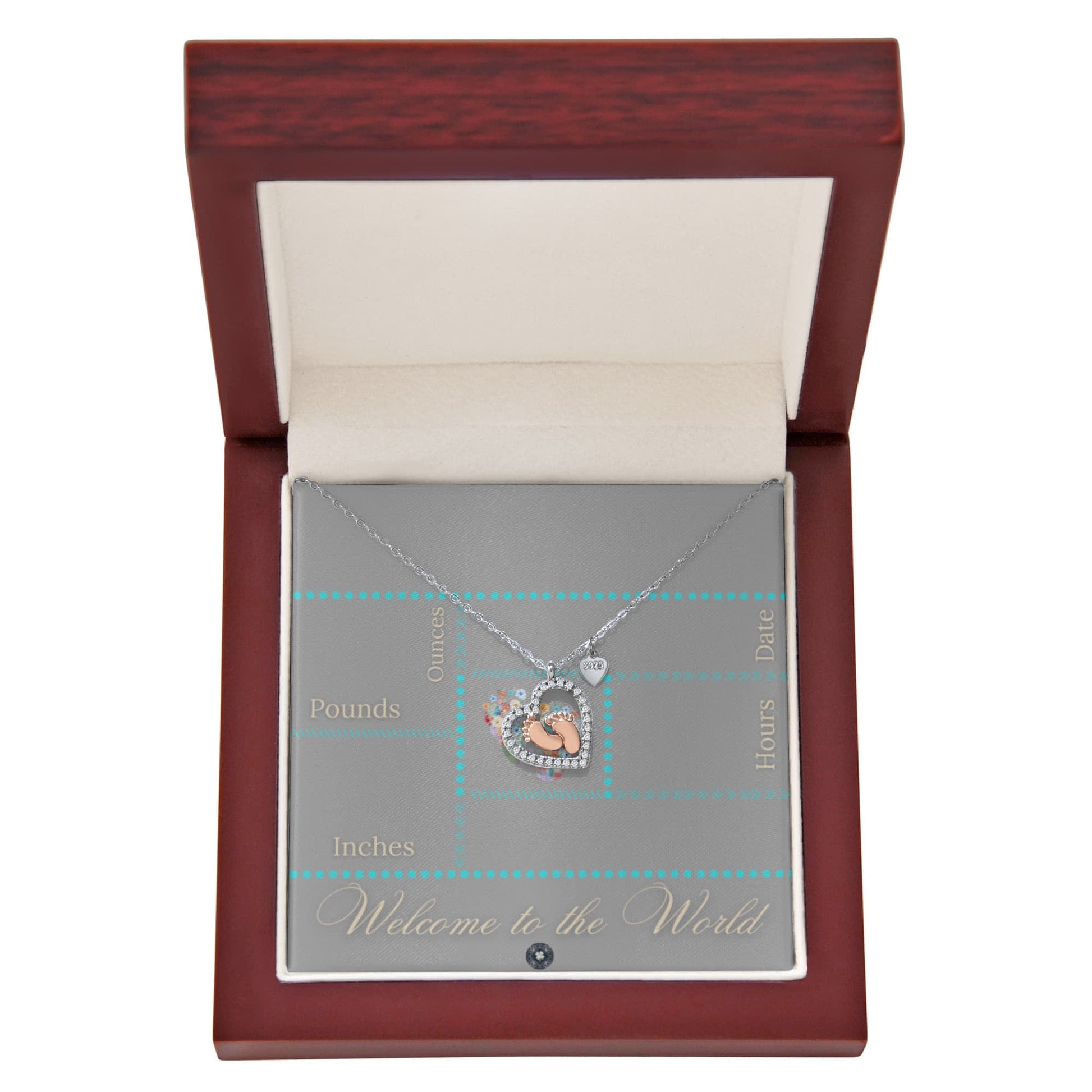 Baby Feet & Heart Announcement Necklace: Turquoise Jewelry Mahogany Style Luxury Box with LED The Silver Clover & Co.