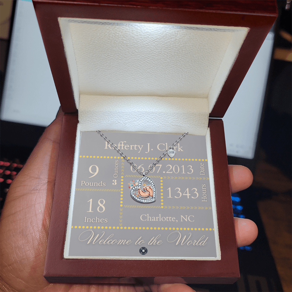 Baby Feet & Heart Announcement Necklace: Yellow Jewelry Mahogany Style Luxury Box with LED The Silver Clover & Co.