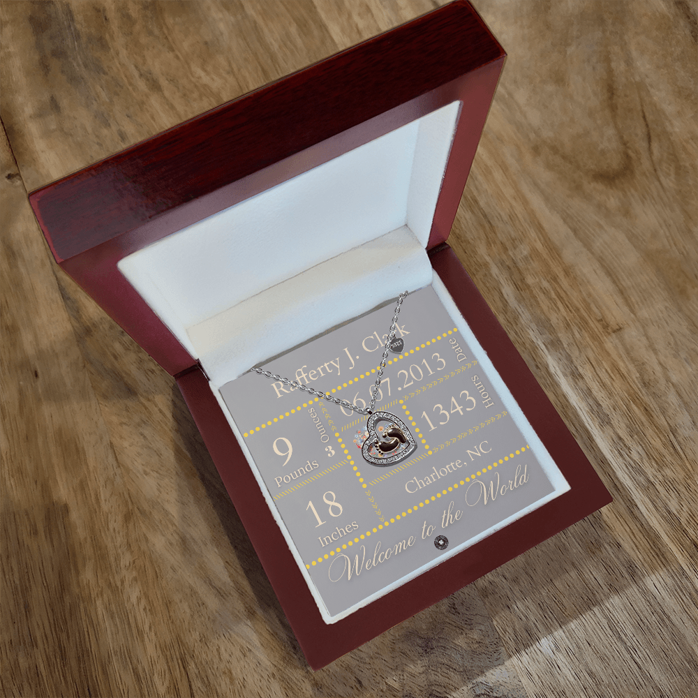 Baby Feet & Heart Announcement Necklace: Yellow Jewelry Mahogany Style Luxury Box with LED The Silver Clover & Co.