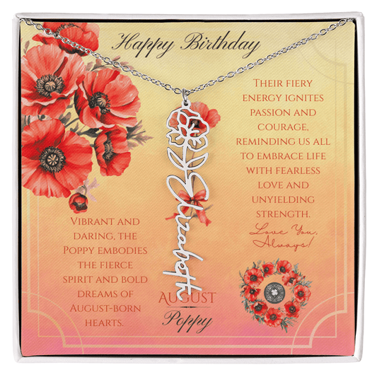 Birth Flower & Name Necklace: August Jewelry Polished Stainless Steel Two Tone Box August The Silver Clover & Co.