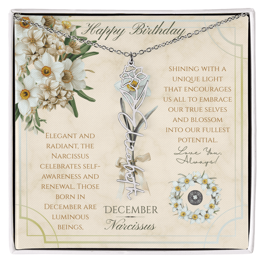 Birth Flower & Name Necklace: December Jewelry Polished Stainless Steel Two Tone Box December The Silver Clover & Co.