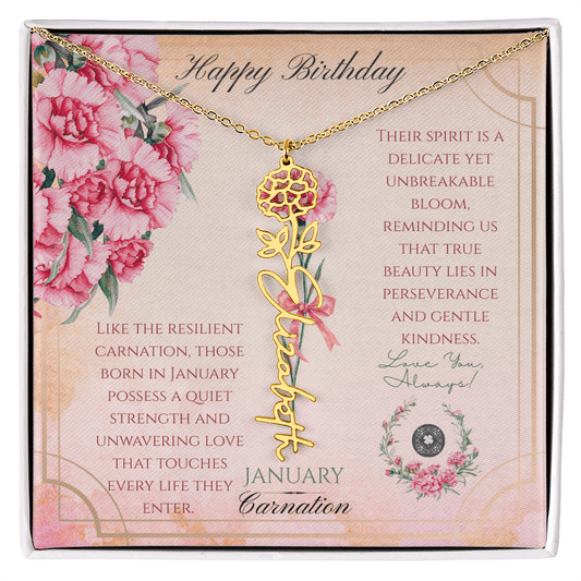 Birth Flower & Name Necklace: January Jewelry Polished Stainless Steel Two Tone Box January The Silver Clover & Co.