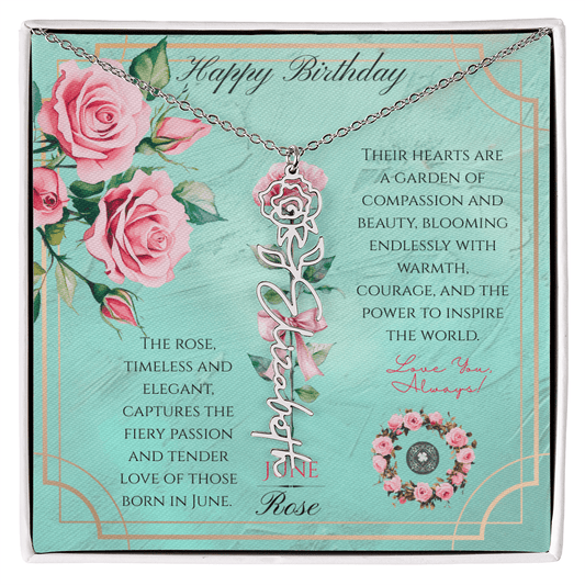 Birth Flower & Name Necklace: June Jewelry Polished Stainless Steel Two Tone Box June The Silver Clover & Co.