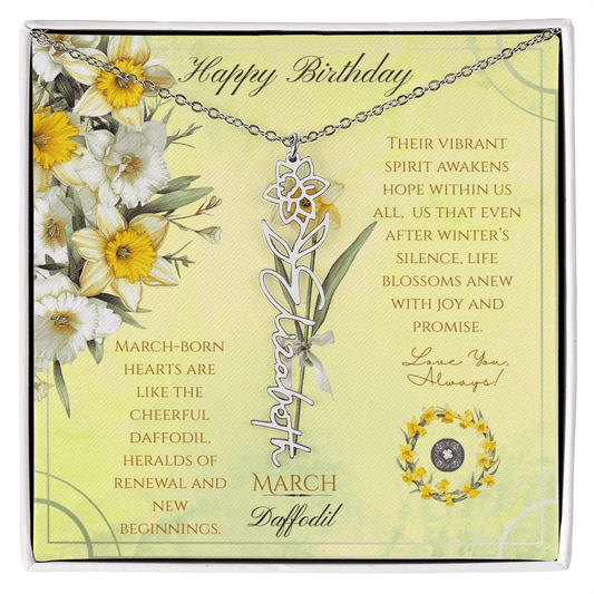 Birth Flower & Name Necklace: March Jewelry Polished Stainless Steel Two Tone Box March The Silver Clover & Co.