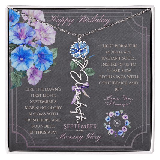 Birth Flower & Name Necklace: September Jewelry Polished Stainless Steel Two Tone Box September The Silver Clover & Co.