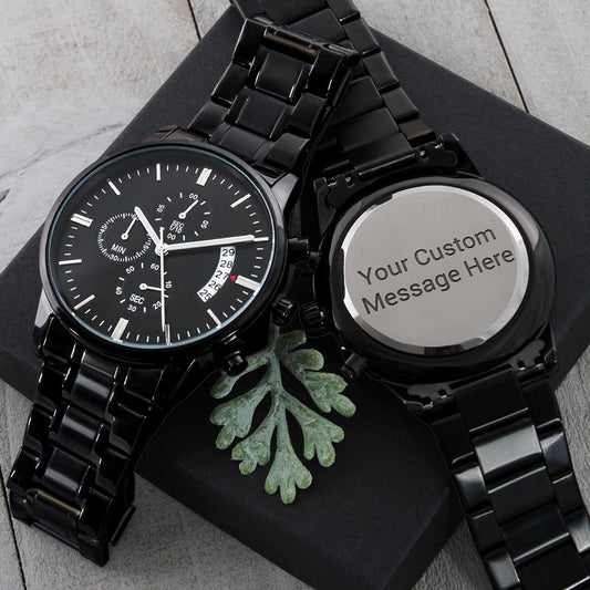Black Chronograph Watch: Custom Engraving Jewelry Two Tone Box The Silver Clover & Co.