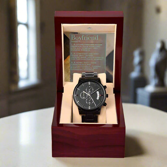 Black Chronograph Watch: For Boyfriend Jewelry Iron & Patina Mahogany Style Luxury Box with LED The Silver Clover & Co.