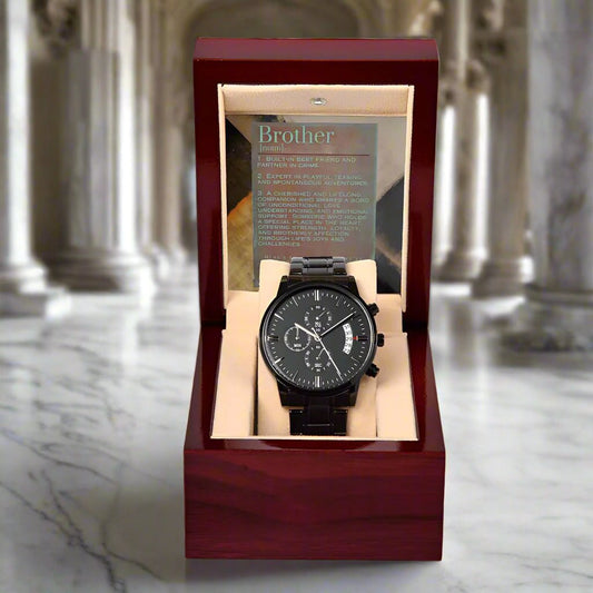 Black Chronograph Watch: For Brother Jewelry Iron & Patina Mahogany Style Luxury Box with LED The Silver Clover & Co.