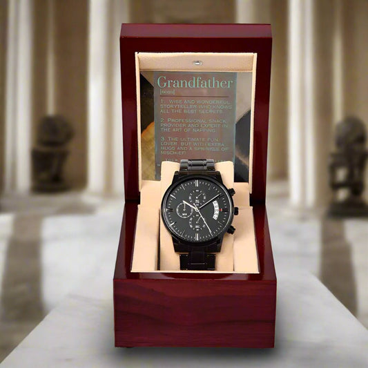 Black Chronograph Watch: For Grandfather Jewelry Iron & Patina Mahogany Style Luxury Box with LED The Silver Clover & Co.
