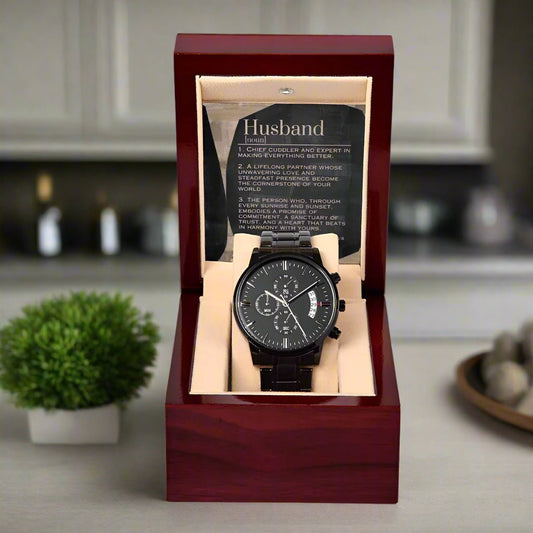 Black Chronograph Watch: For Husband Jewelry Cork & Coal Mahogany Style Luxury Box with LED The Silver Clover & Co.