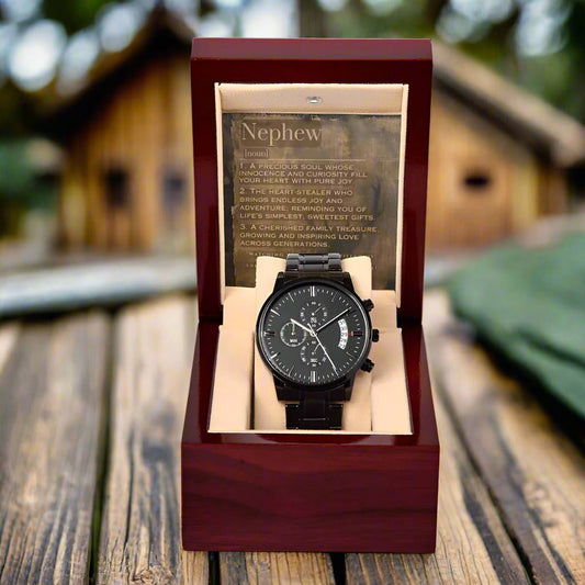 Black Chronograph Watch: For Nephew Jewelry Stag Mahogany Style Luxury Box with LED The Silver Clover & Co.