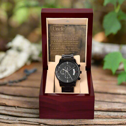Black Chronograph Watch: For Uncle Jewelry Stag Mahogany Style Luxury Box with LED The Silver Clover & Co.