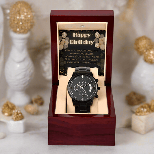 Black Chronograph Watch: Gatsby Birthday Jewelry Mahogany Style Luxury Box with LED The Silver Clover & Co.