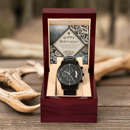 Black Chronograph Watch: Nature Birthday Jewelry Mahogany Style Luxury Box with LED The Silver Clover & Co.