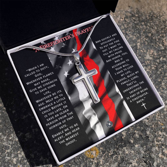 Custom Engraved Artisan Cross Necklace: A Firefighter's Prayer Jewelry Two Toned Box The Silver Clover & Co.