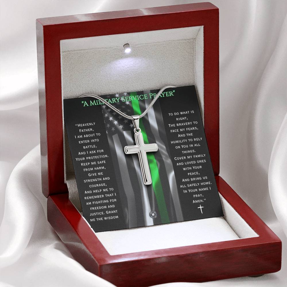Custom Engraved Artisan Cross Necklace: A Military Service Prayer Jewelry Mahogany Style Luxury Box with LED The Silver Clover & Co.