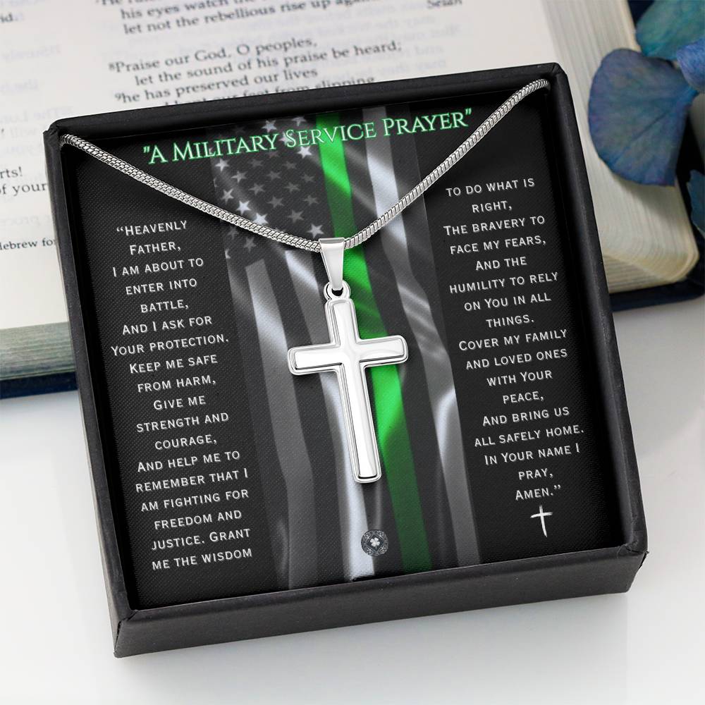 Custom Engraved Artisan Cross Necklace: A Military Service Prayer Jewelry Two Toned Box The Silver Clover & Co.