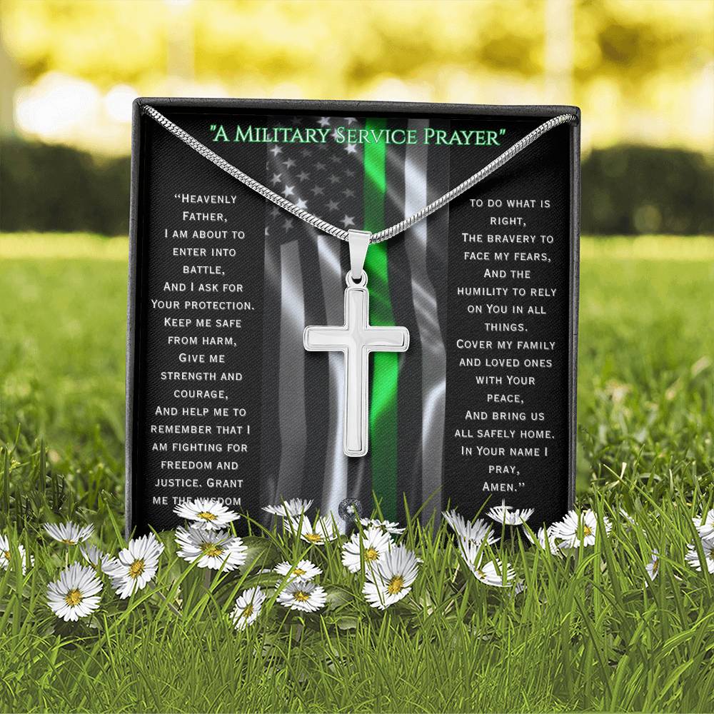 Custom Engraved Artisan Cross Necklace: A Military Service Prayer Jewelry Two Toned Box The Silver Clover & Co.