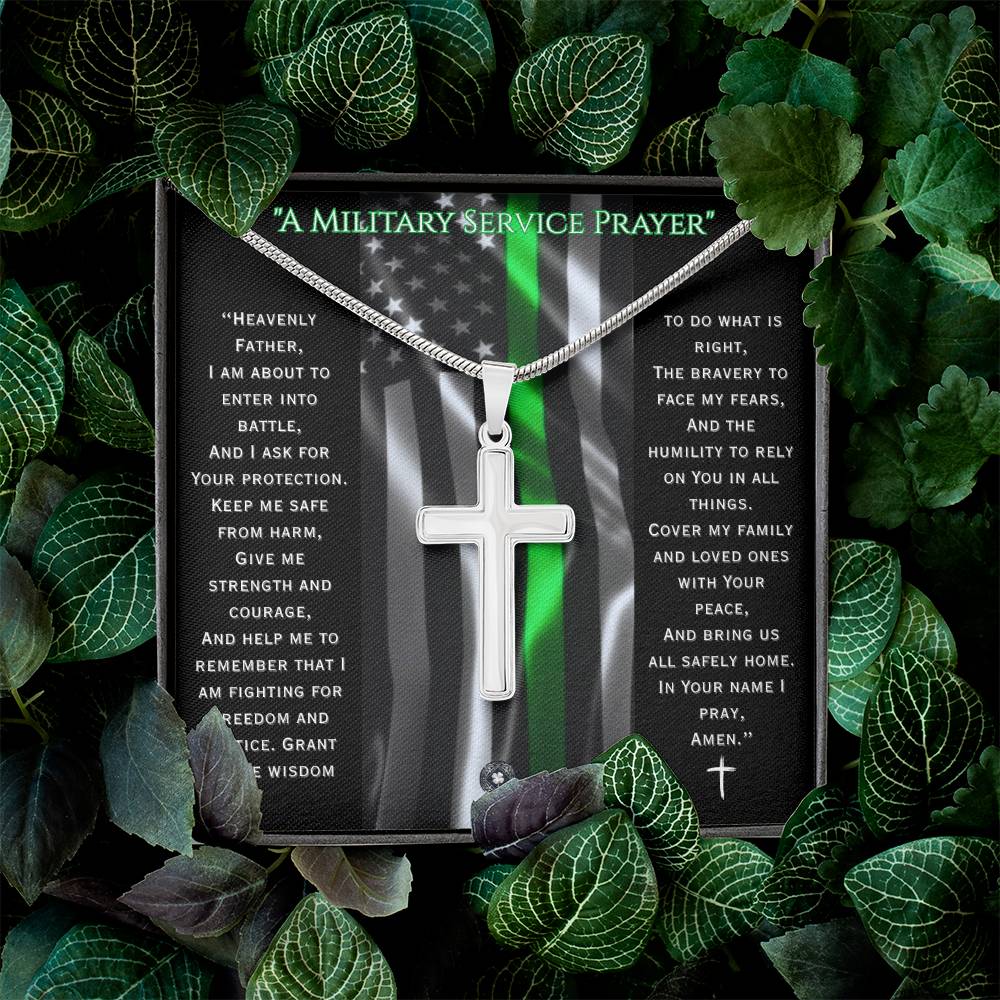 Custom Engraved Artisan Cross Necklace: A Military Service Prayer Jewelry Two Toned Box The Silver Clover & Co.