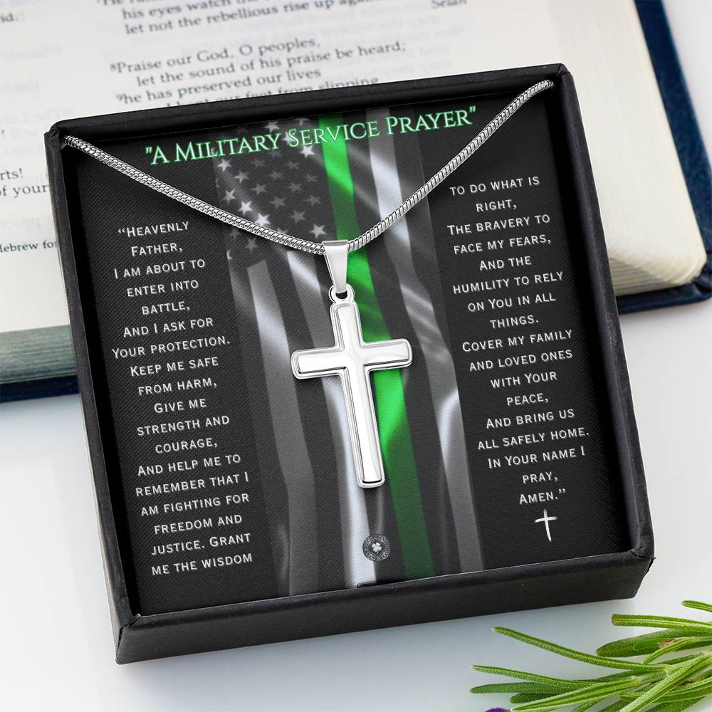 Custom Engraved Artisan Cross Necklace: A Military Service Prayer Jewelry Two Toned Box The Silver Clover & Co.