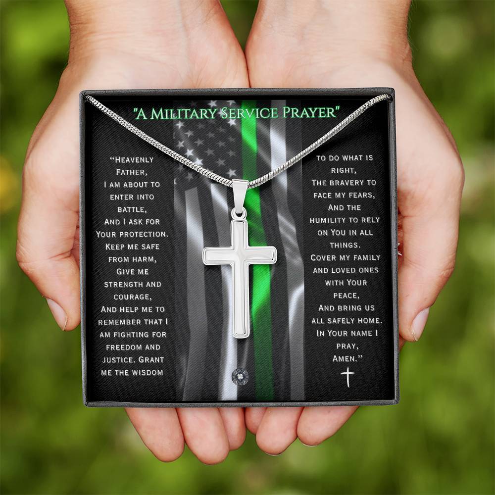 Custom Engraved Artisan Cross Necklace: A Military Service Prayer Jewelry Two Toned Box The Silver Clover & Co.