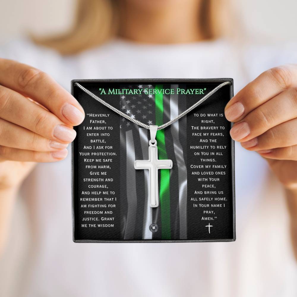 Custom Engraved Artisan Cross Necklace: A Military Service Prayer Jewelry Two Toned Box The Silver Clover & Co.