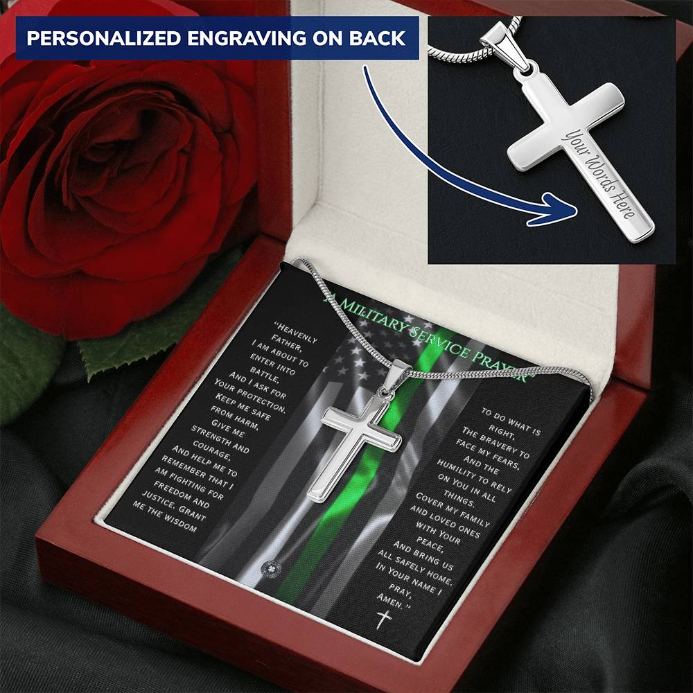 Custom Engraved Artisan Cross Necklace: A Military Service Prayer Jewelry Two Toned Box The Silver Clover & Co.