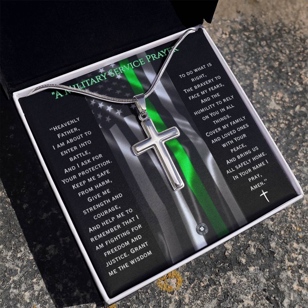 Custom Engraved Artisan Cross Necklace: A Military Service Prayer Jewelry Two Toned Box The Silver Clover & Co.