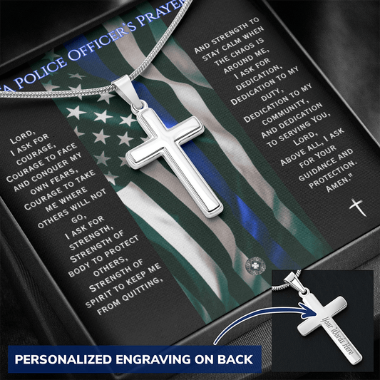 Custom Engraved Artisan Cross Necklace: A Police Officer's Prayer Jewelry Two Toned Box The Silver Clover & Co.
