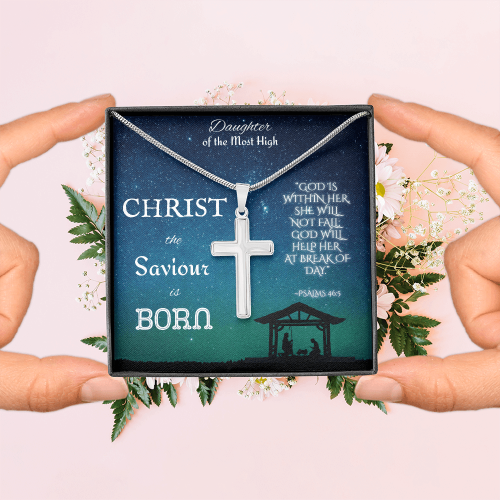 Custom Engraved Artisan Cross Necklace: Christian Christmas for Her Jewelry Mahogany Style Luxury Box with LED 18K Yellow Gold The Silver Clover & Co.