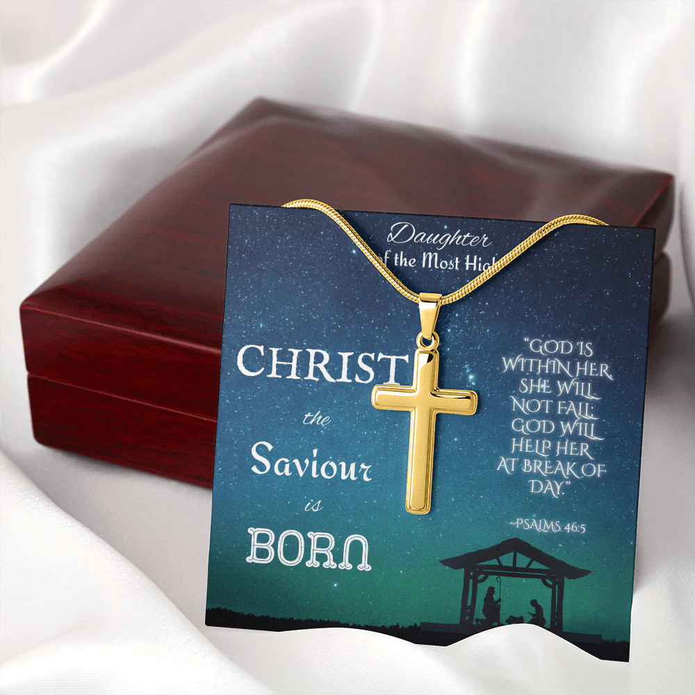 Custom Engraved Artisan Cross Necklace: Christian Christmas for Her Jewelry Mahogany Style Luxury Box with LED 18K Yellow Gold The Silver Clover & Co.