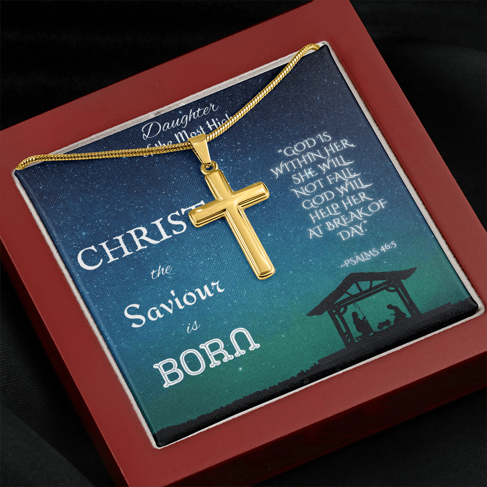 Custom Engraved Artisan Cross Necklace: Christian Christmas for Her Jewelry Mahogany Style Luxury Box with LED 18K Yellow Gold The Silver Clover & Co.